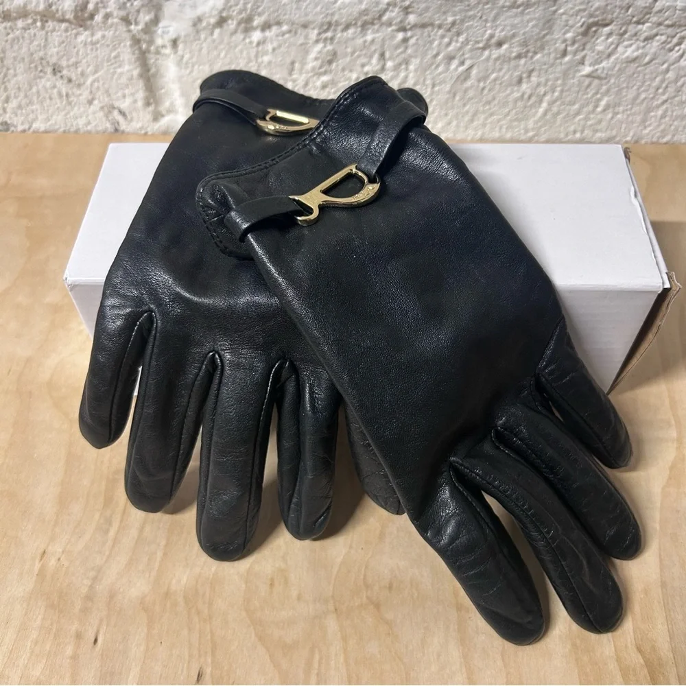 Lauren Ralph Lauren Bridle-Belt Black Leather Gloves with Gold Accents EUC Sz M